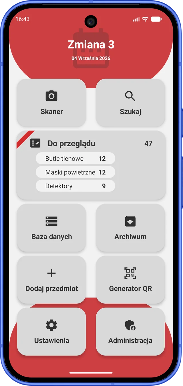 Panel główny aplikacji SKESP z kalendarzem zmian i kafelkiem „Do przeglądu”